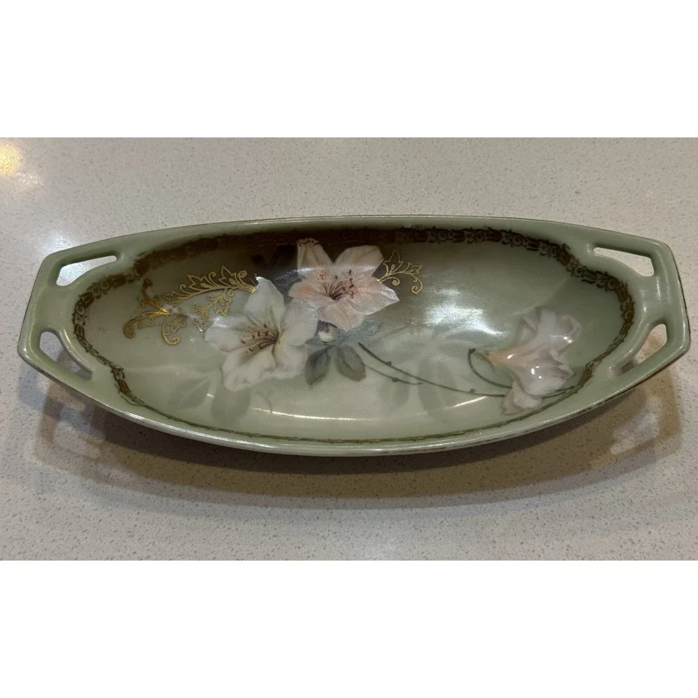 Vintage RS Tillowitz Silesia Dish‎ Rose Relish Oval  Cutout Handles Small